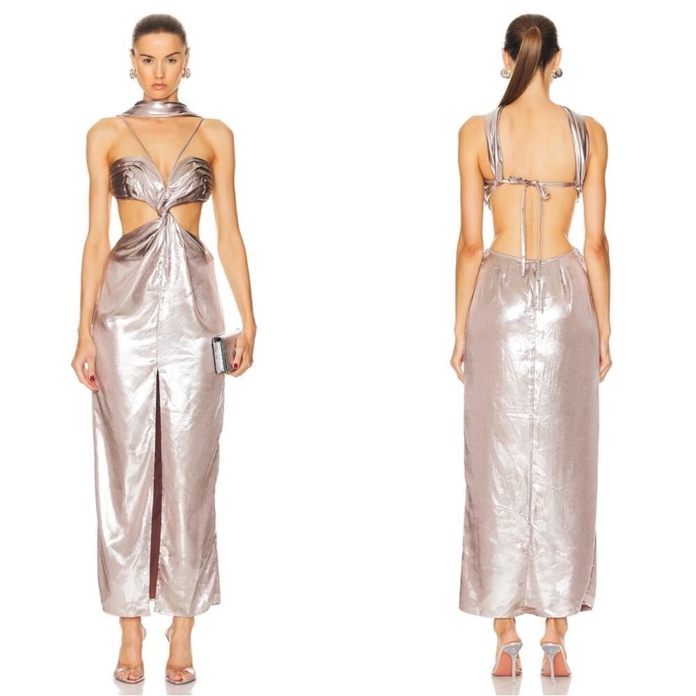 CULT GAIA Cody Metallic Cutout Cameo Silver Ruched Twist Front Maxi Gown Size 2